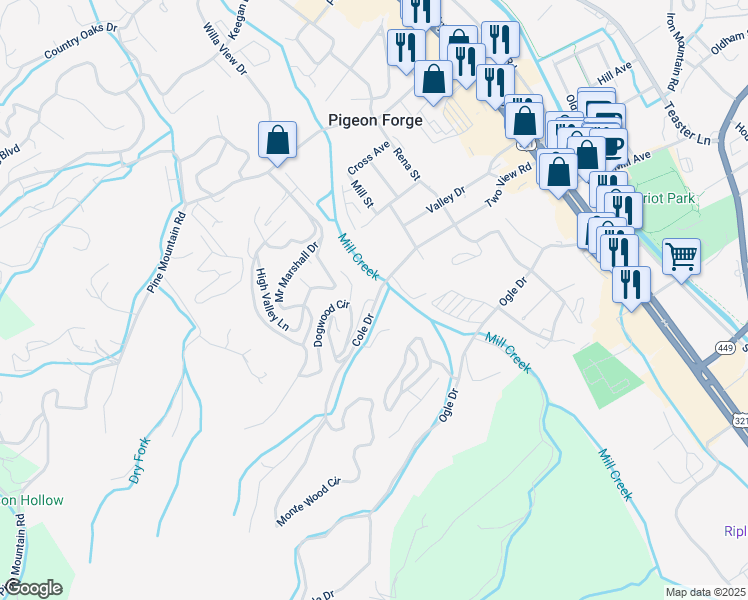 map of restaurants, bars, coffee shops, grocery stores, and more near Forge Street in Pigeon Forge