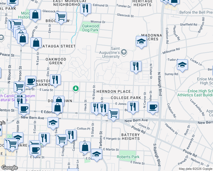 map of restaurants, bars, coffee shops, grocery stores, and more near 1316 Oakwood Avenue in Raleigh