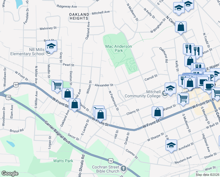 map of restaurants, bars, coffee shops, grocery stores, and more near 253 North Patterson Street in Statesville