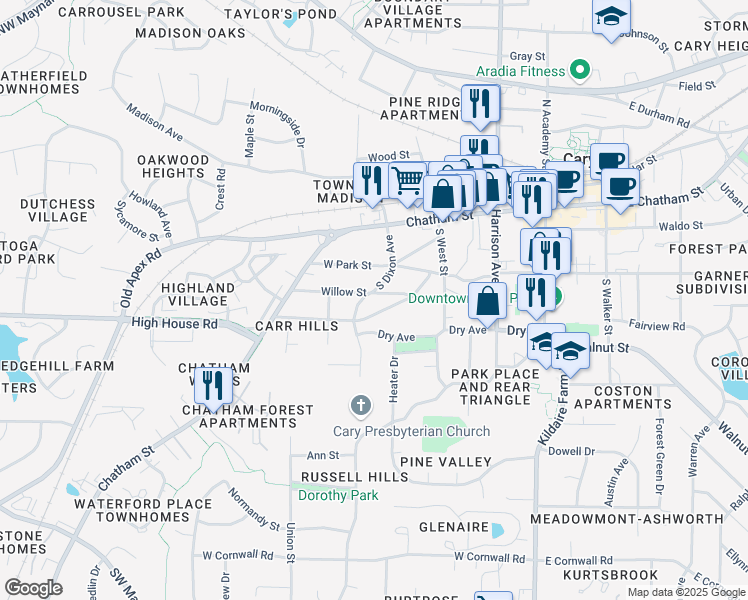 map of restaurants, bars, coffee shops, grocery stores, and more near 301 South Dixon Avenue in Cary