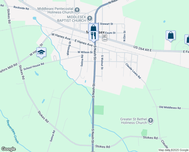 map of restaurants, bars, coffee shops, grocery stores, and more near South Nash Street in Middlesex