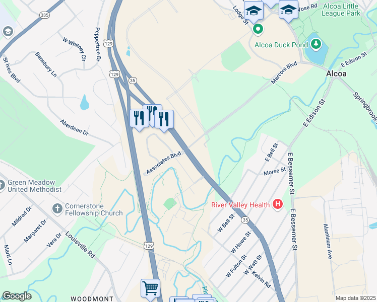 map of restaurants, bars, coffee shops, grocery stores, and more near 1108 North Hall Road in Alcoa