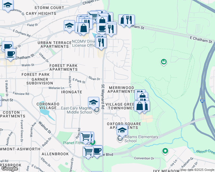 map of restaurants, bars, coffee shops, grocery stores, and more near 1150 Southeast Maynard Road in Cary
