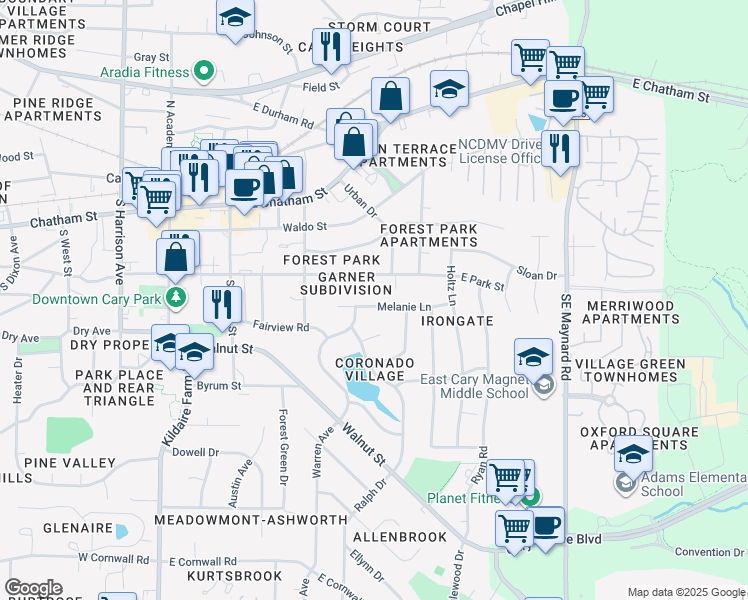 map of restaurants, bars, coffee shops, grocery stores, and more near 308 Melanie Lane in Cary