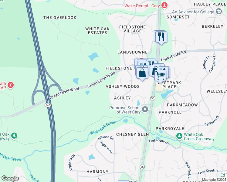 map of restaurants, bars, coffee shops, grocery stores, and more near 101 Chalkwell Court in Cary
