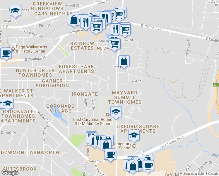 map of restaurants, bars, coffee shops, grocery stores, and more near 405 South Montreal Court in Cary