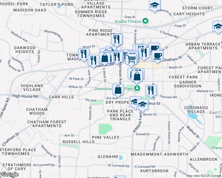 map of restaurants, bars, coffee shops, grocery stores, and more near 130 Manhattan Court in Cary