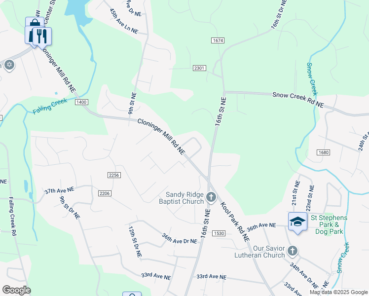 map of restaurants, bars, coffee shops, grocery stores, and more near 1311 Cloninger Mill Rd NE in Hickory