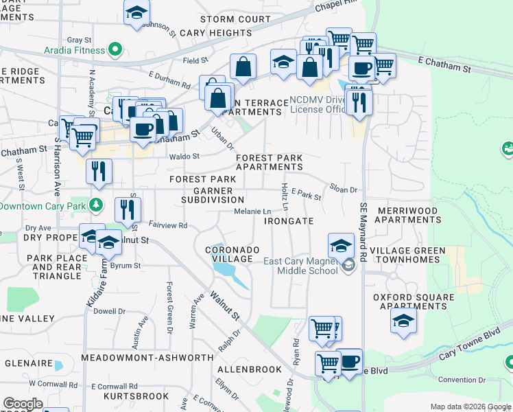 map of restaurants, bars, coffee shops, grocery stores, and more near 204 Melanie Lane in Cary