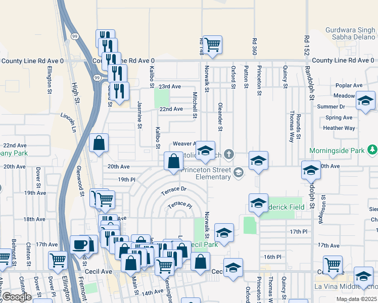 map of restaurants, bars, coffee shops, grocery stores, and more near 1215 Valencia Avenue in Delano