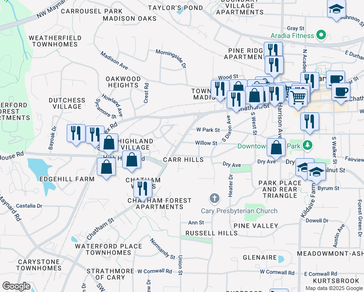 map of restaurants, bars, coffee shops, grocery stores, and more near 515 Willow St in Cary
