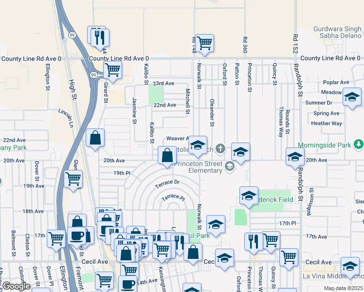 map of restaurants, bars, coffee shops, grocery stores, and more near 1215 Valencia Avenue in Delano