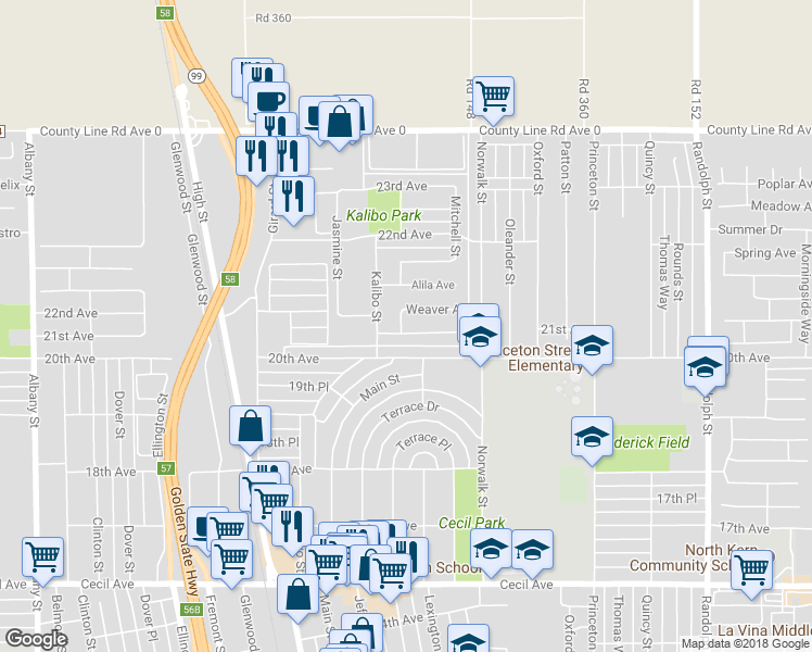map of restaurants, bars, coffee shops, grocery stores, and more near 1105 Valencia Avenue in Delano