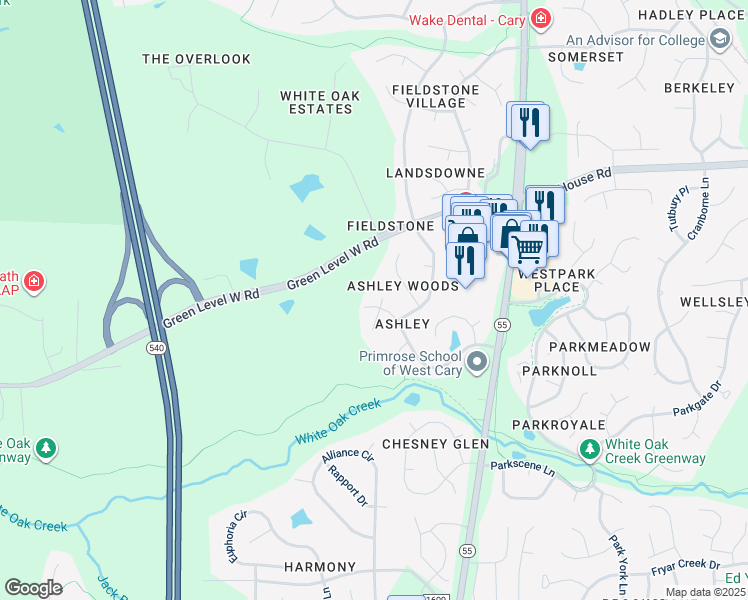 map of restaurants, bars, coffee shops, grocery stores, and more near 101 Chalkwell Court in Cary