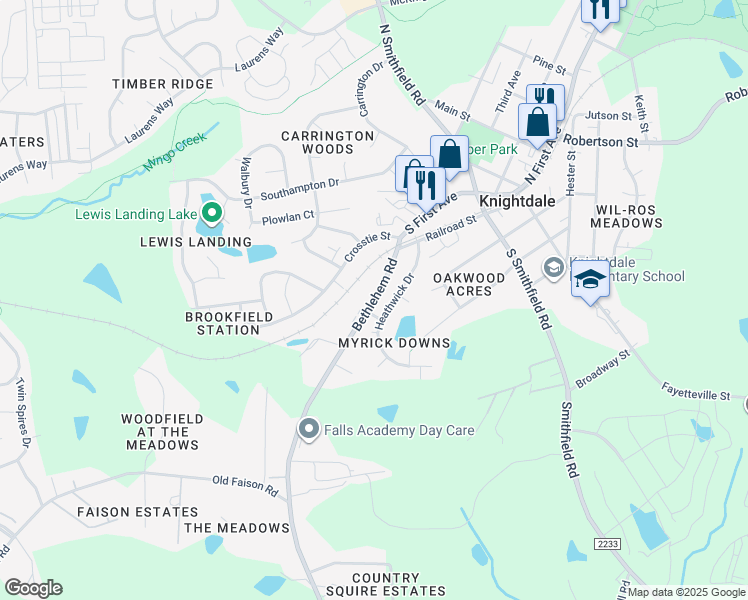 map of restaurants, bars, coffee shops, grocery stores, and more near 203 Heathwick Drive in Knightdale