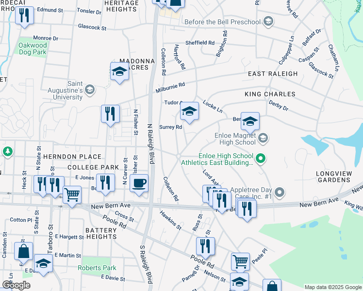map of restaurants, bars, coffee shops, grocery stores, and more near 302 North King Charles Road in Raleigh