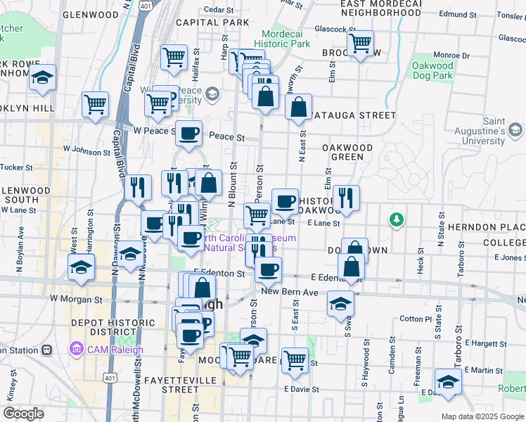 map of restaurants, bars, coffee shops, grocery stores, and more near 306 North Person Street in Raleigh