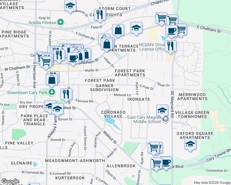 map of restaurants, bars, coffee shops, grocery stores, and more near 308 Melanie Lane in Cary