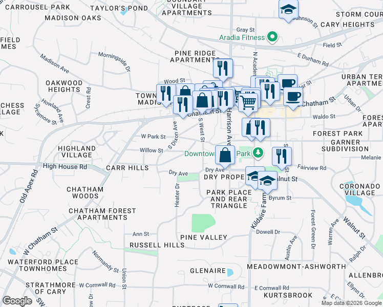 map of restaurants, bars, coffee shops, grocery stores, and more near 314 South West Street in Cary