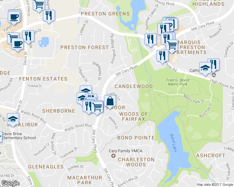 map of restaurants, bars, coffee shops, grocery stores, and more near 103 Oconee Court in Cary