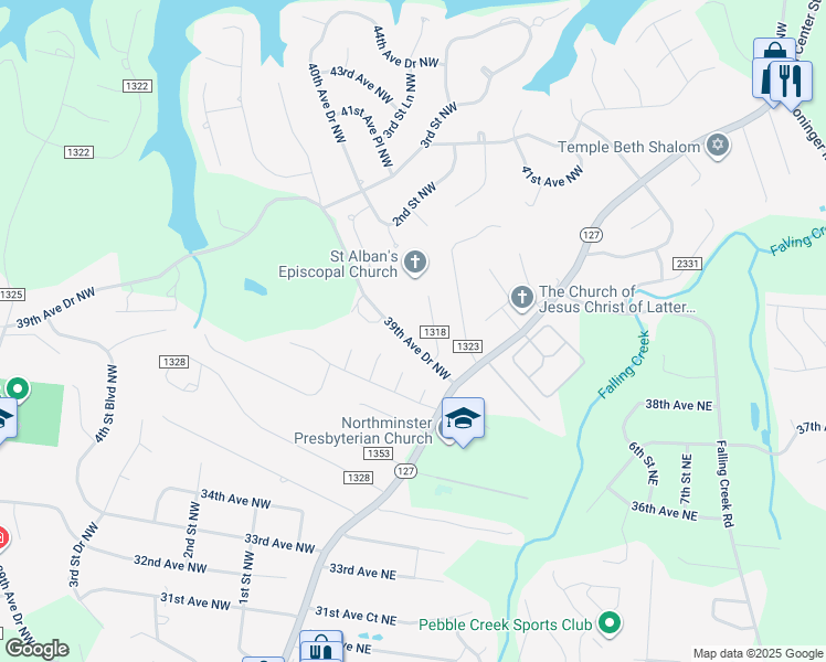 map of restaurants, bars, coffee shops, grocery stores, and more near 106 39th Avenue Drive Northwest in Hickory