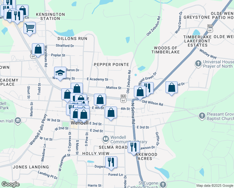 map of restaurants, bars, coffee shops, grocery stores, and more near 3941 Wendell Boulevard in Wendell