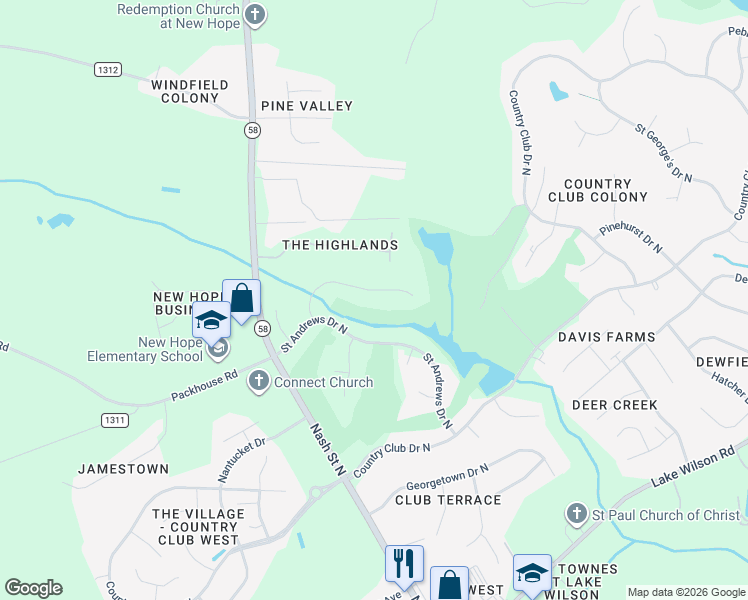 map of restaurants, bars, coffee shops, grocery stores, and more near 4816 Wimbledon Court North in Wilson