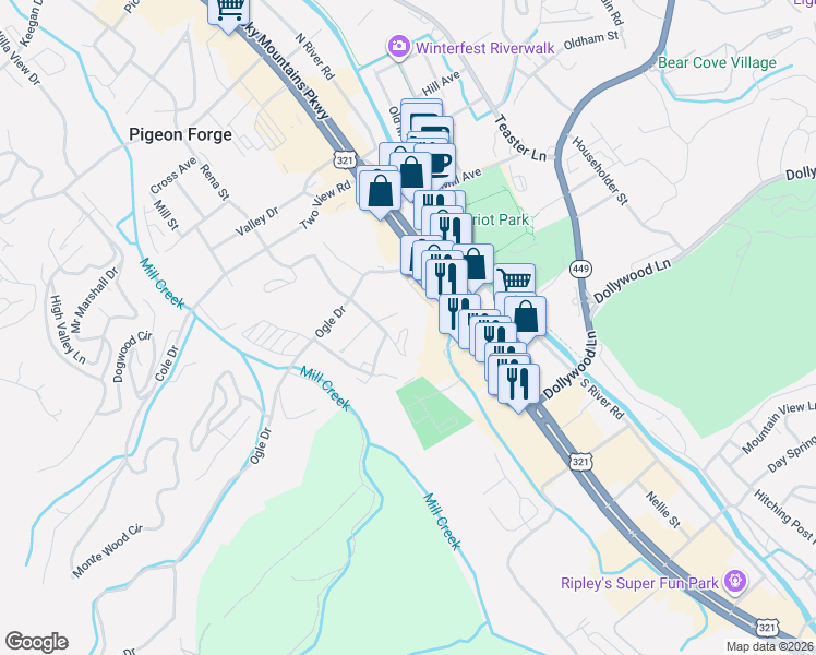 map of restaurants, bars, coffee shops, grocery stores, and more near 215 Mayes Road in Pigeon Forge
