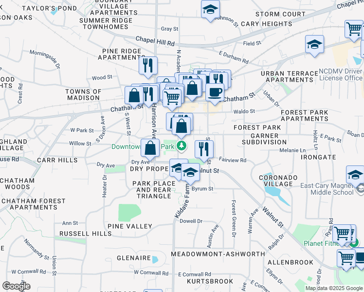 map of restaurants, bars, coffee shops, grocery stores, and more near 310 South Academy Street in Cary