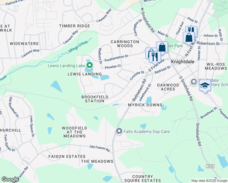 map of restaurants, bars, coffee shops, grocery stores, and more near 111 Cinder Street in Knightdale