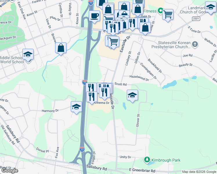 map of restaurants, bars, coffee shops, grocery stores, and more near 1582 Dogwood Lane in Statesville