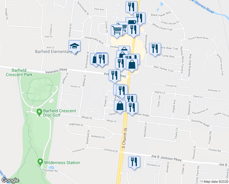 map of restaurants, bars, coffee shops, grocery stores, and more near 3000 London View in Murfreesboro