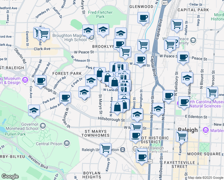 map of restaurants, bars, coffee shops, grocery stores, and more near N Boylan Ave & W Lane St in Raleigh
