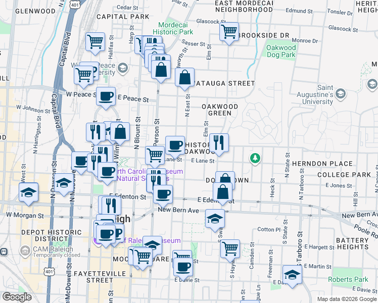 map of restaurants, bars, coffee shops, grocery stores, and more near in Raleigh