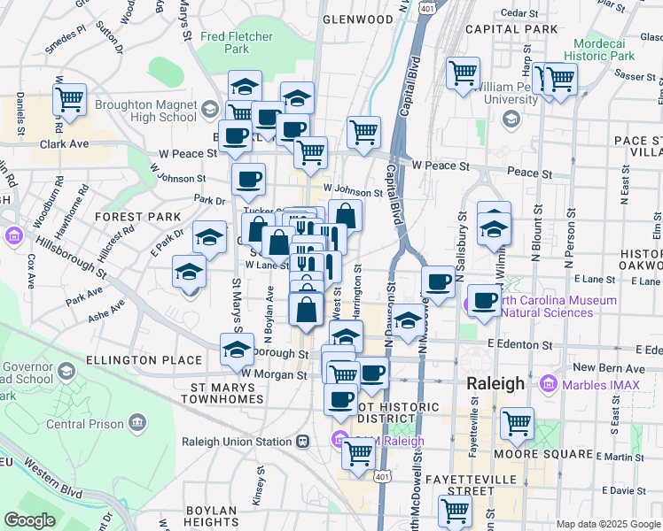 map of restaurants, bars, coffee shops, grocery stores, and more near 222 Glenwood Avenue in Raleigh