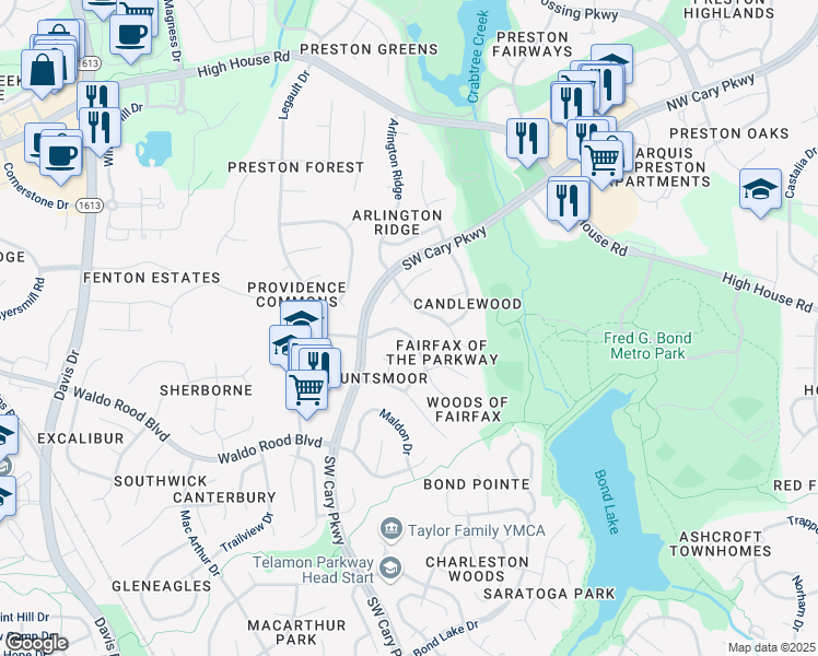 map of restaurants, bars, coffee shops, grocery stores, and more near 103 Oconee Court in Cary
