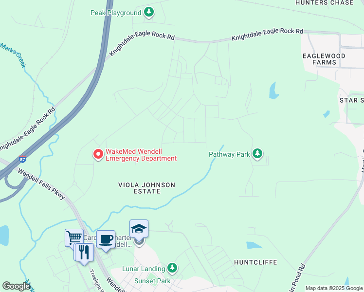 map of restaurants, bars, coffee shops, grocery stores, and more near 1753 Birdhaven Lane in Wendell