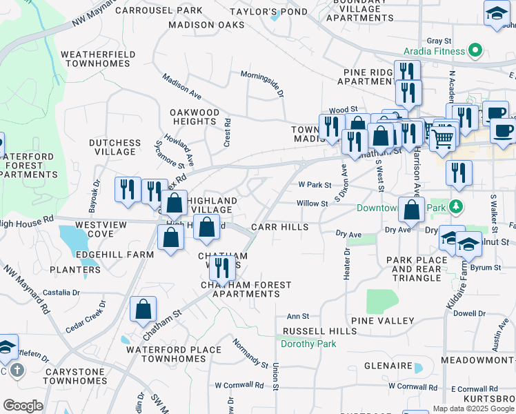 map of restaurants, bars, coffee shops, grocery stores, and more near 611 Samuel Cary Drive in Cary