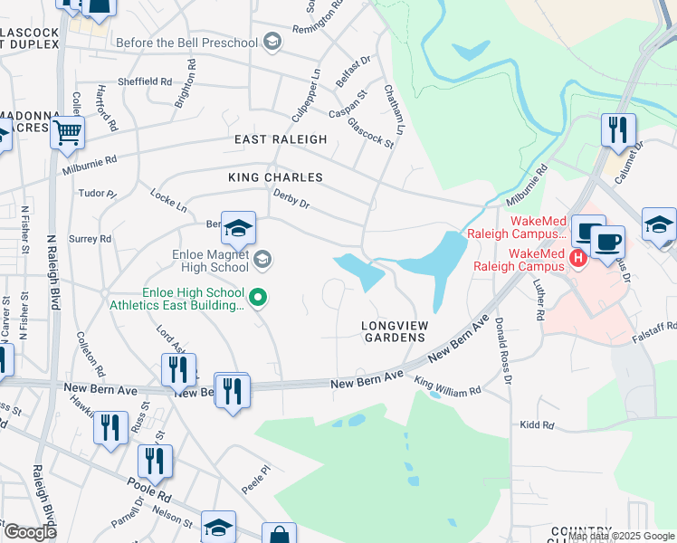 map of restaurants, bars, coffee shops, grocery stores, and more near 416 Dickens Dr in Raleigh