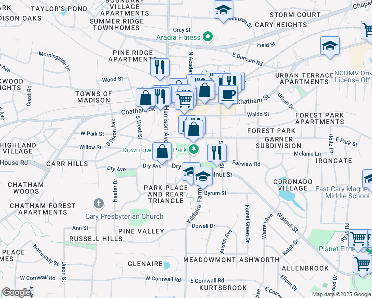 map of restaurants, bars, coffee shops, grocery stores, and more near 310 South Academy Street in Cary