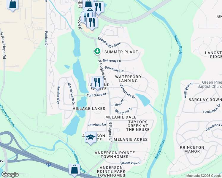 map of restaurants, bars, coffee shops, grocery stores, and more near 709 White Daisies Court in Raleigh