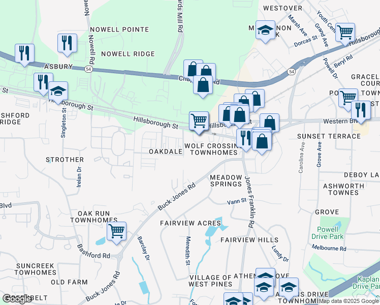 map of restaurants, bars, coffee shops, grocery stores, and more near 25 Burton Avenue in Raleigh