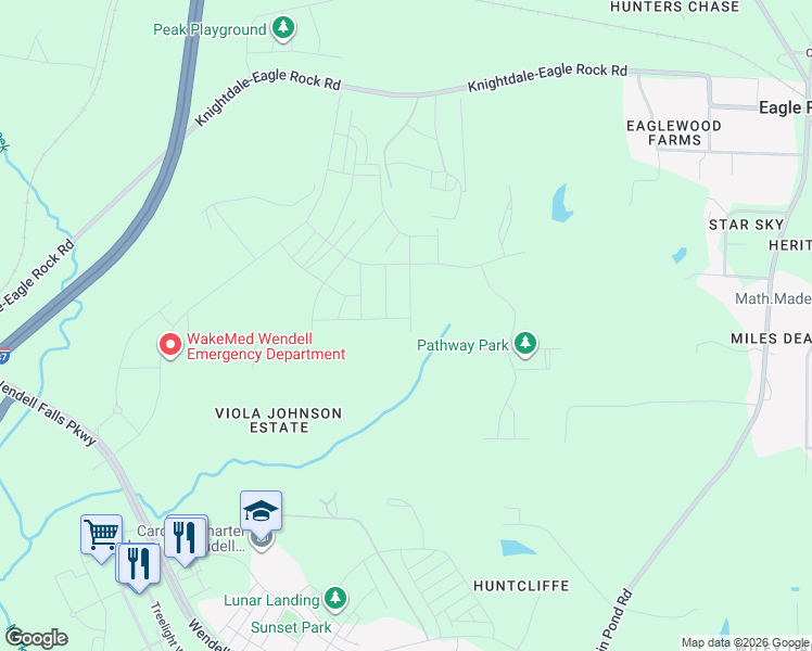 map of restaurants, bars, coffee shops, grocery stores, and more near 1701 Birdhaven Lane in Wendell