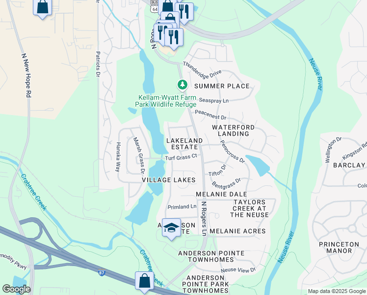 map of restaurants, bars, coffee shops, grocery stores, and more near 5205 Portside Lane in Raleigh