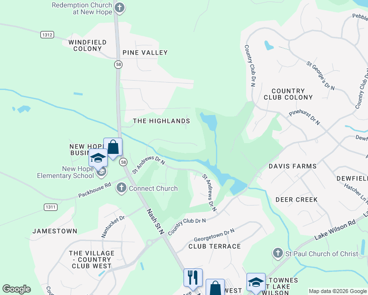 map of restaurants, bars, coffee shops, grocery stores, and more near 4816 Wimbledon Court North in Wilson