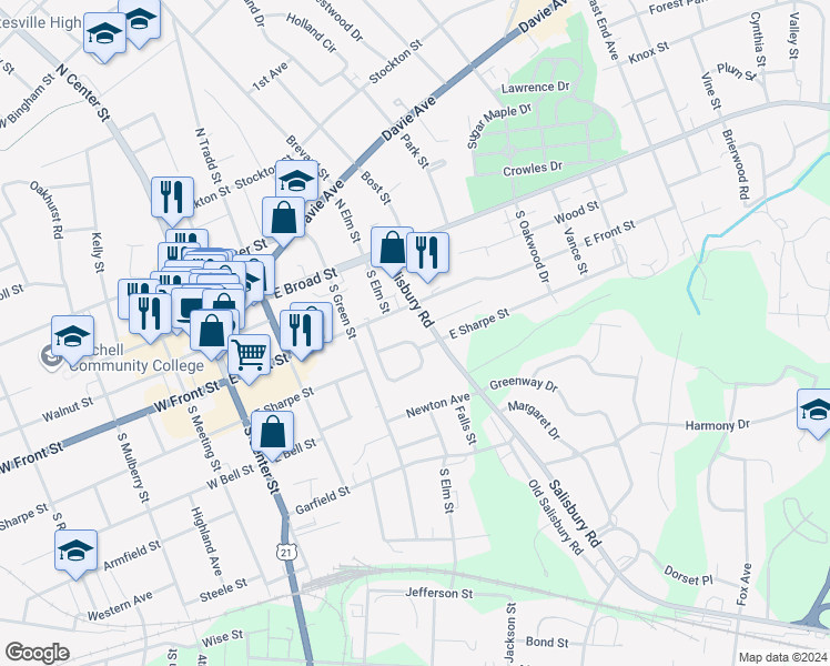 map of restaurants, bars, coffee shops, grocery stores, and more near 413 East Sharpe Street in Statesville