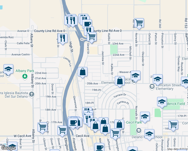 map of restaurants, bars, coffee shops, grocery stores, and more near 2042 Girard Street in Delano