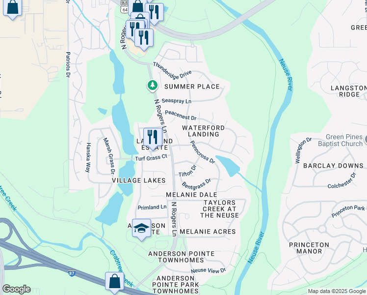 map of restaurants, bars, coffee shops, grocery stores, and more near 5400 Brookshadow Drive in Raleigh