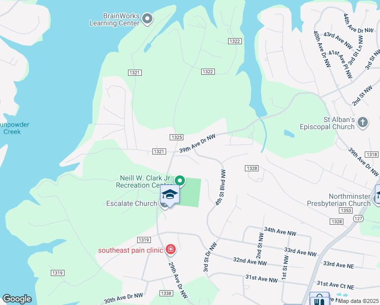 map of restaurants, bars, coffee shops, grocery stores, and more near 3665 4th Street Boulevard Northwest in Hickory