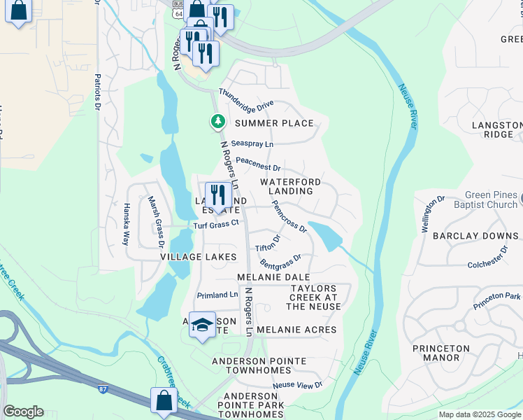 map of restaurants, bars, coffee shops, grocery stores, and more near 5400 Brookshadow Drive in Raleigh